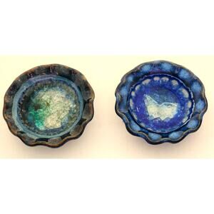 DECORATIVE TRINKET DISHES-Blue-Green-Crushed Crystals-Pair of 2-3.5 IN